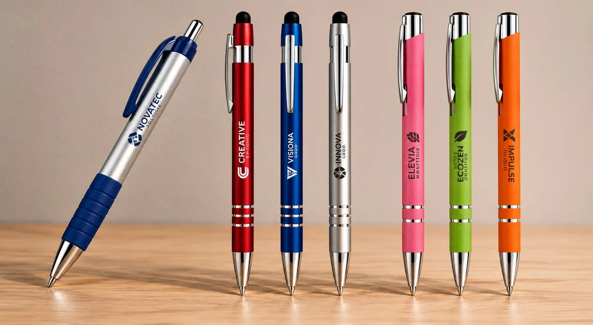 Esferos publicitarios personalizados en metal y materiales ecológicos para empresas y promoción.