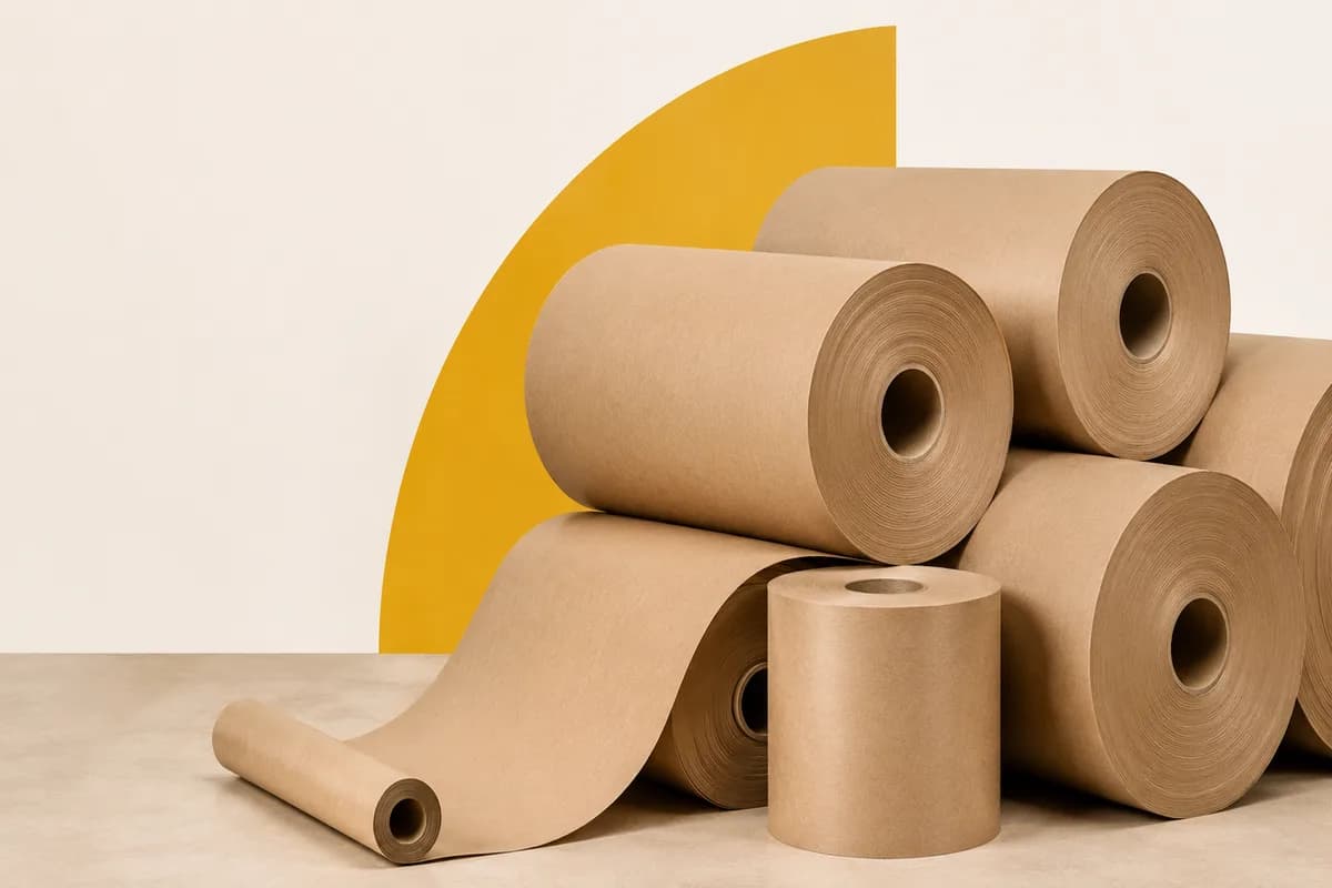 Bobinas de papel kraft natural apiladas con acento decorativo dorado — Colprinter Colombia