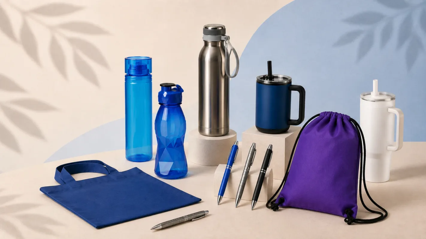 Artículos promocionales y material POP personalizado con termos, mugs, bolsas ecológicas, esferos y botellas corporativas.