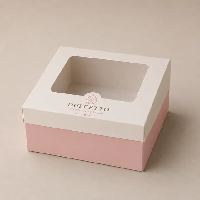 Caja rosada para repostería con ventana transparente y diseño premium para pastelerías