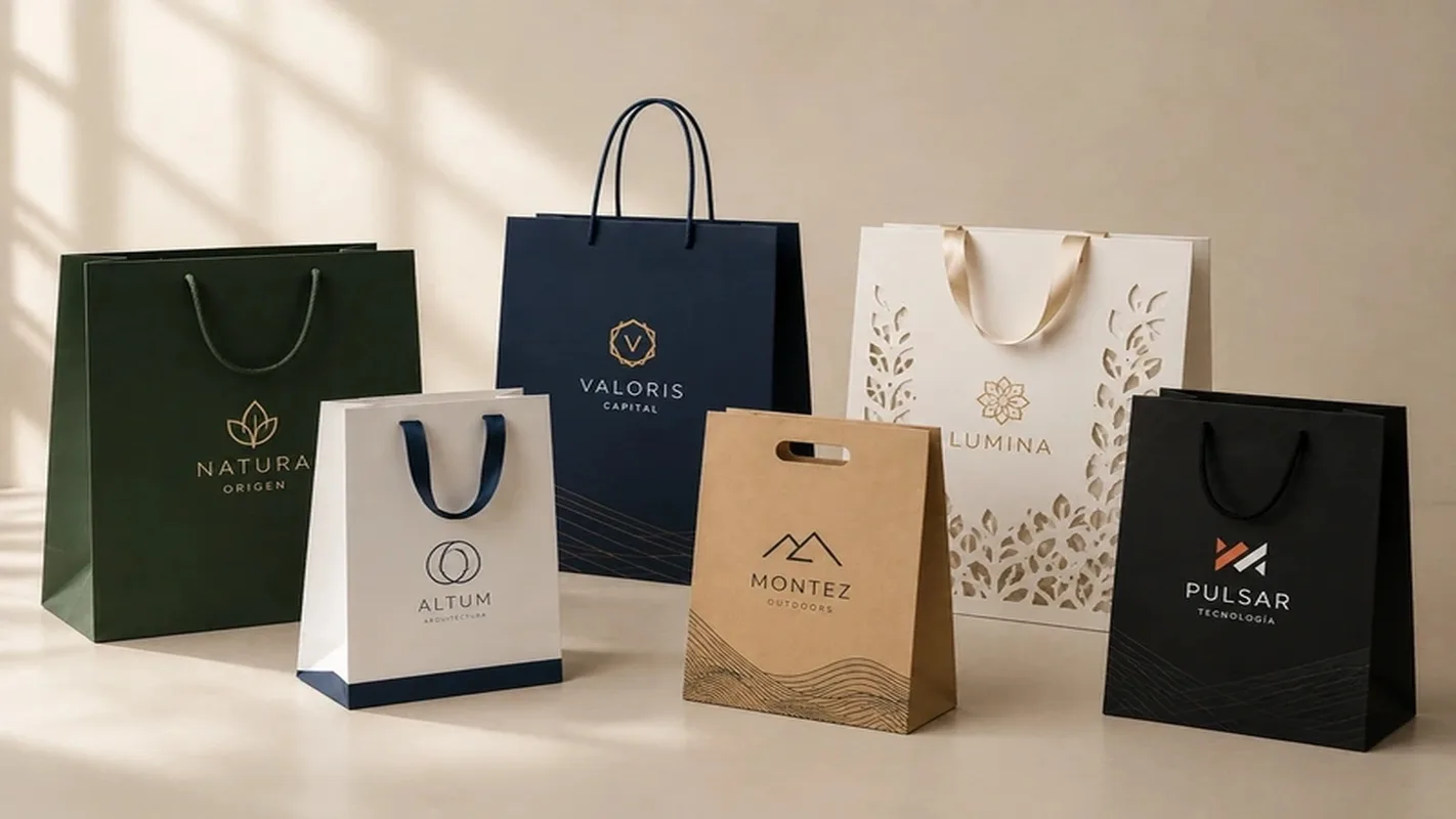 Banner de bolsas corporativas personalizadas con diseños premium y acabados elegantes.
