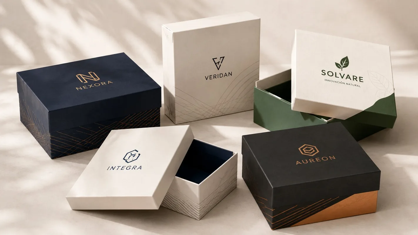 Cajas tapa y base premium personalizadas con diseños corporativos y acabados elegantes.