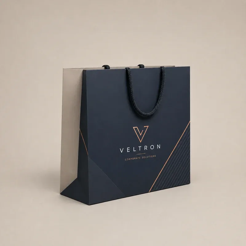 Bolsa publicitaria personalizada premium con asas de cordón y diseño corporativo elegante.