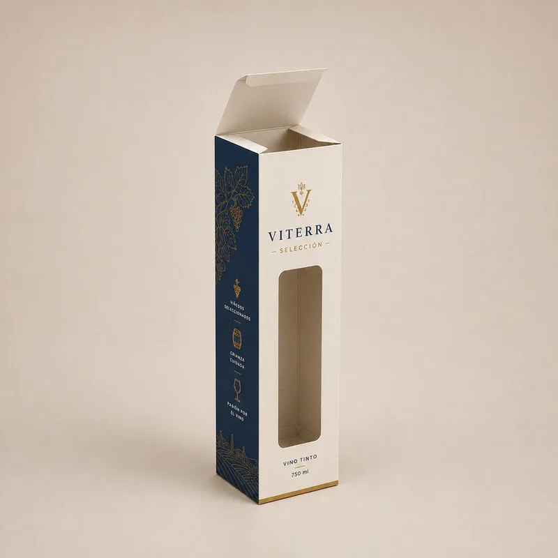 Caja para vino personalizada con ventana frontal y diseño premium