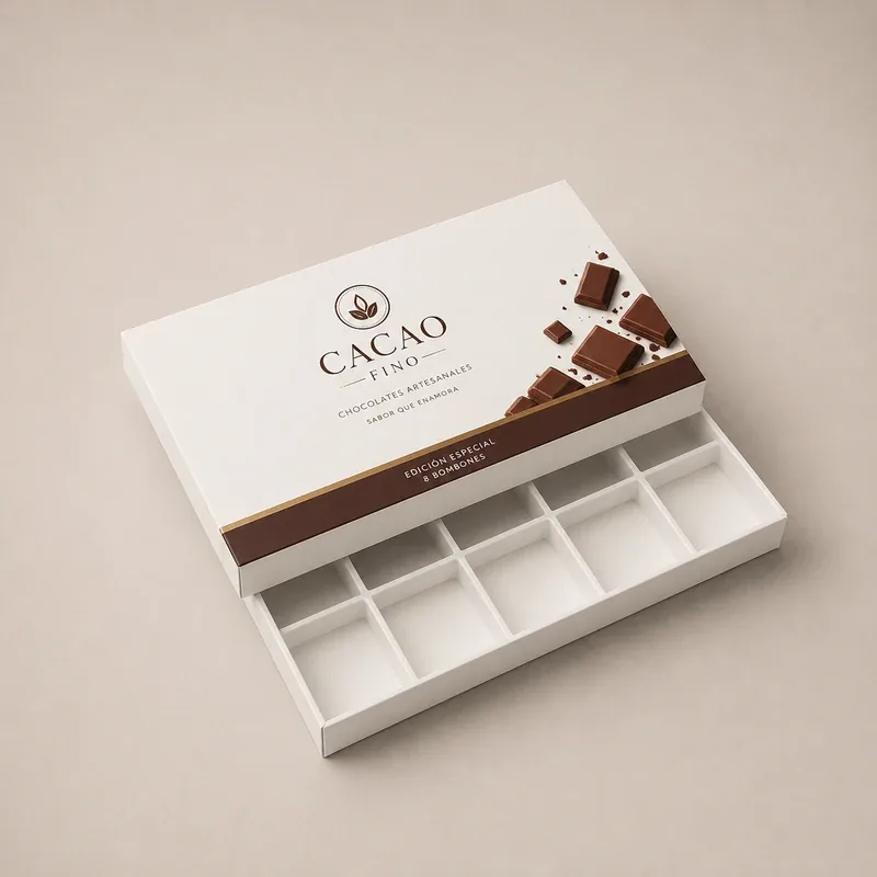 Caja premium para chocolates personalizada con bandeja interior y diseño elegante.