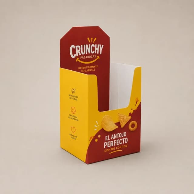 Caja exhibidora personalizada para pasabocas y snacks con diseño premium en rojo y amarillo para puntos de venta modernos