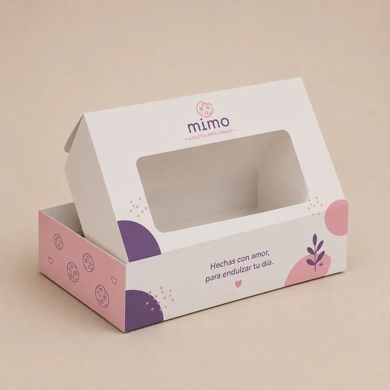 Caja para galletas con ventanilla transparente y diseño personalizado.