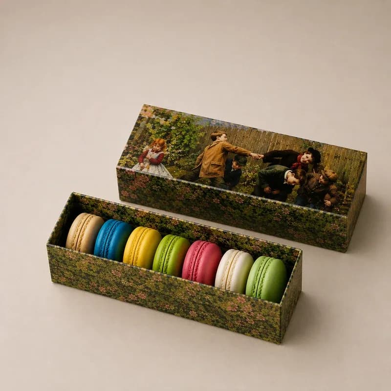 Caja premium para macarons personalizada con diseño elegante y empaque deslizante para repostería.