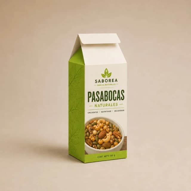 Caja de pasabocas personalizada con diseño premium para snacks, frutos secos y alimentos gourmet.