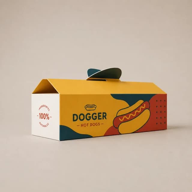 caja para perro caliente personalizada con diseño colorido y cierre central tipo pestaña.