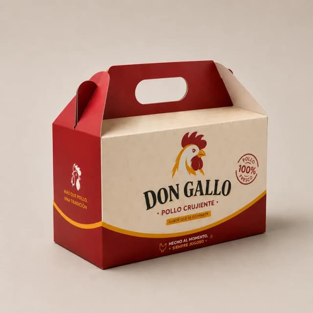 Caja tipo maletín personalizada para pollo y comidas rápidas, ideal para domicilios y restaurantes.