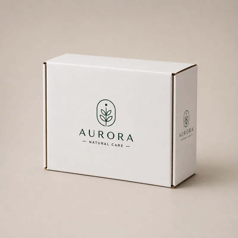 Caja microcorrugada reverso blanco personalizada con logo premium y acabado corporativo.
