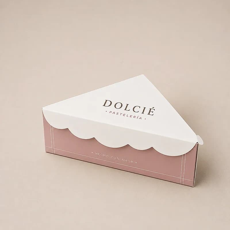 Caja para porción de torta personalizada con diseño premium en tonos rosados y blancos, ideal para pastelerías y postres.