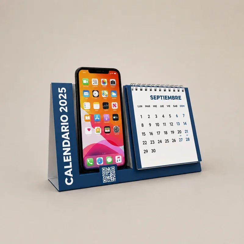 Calendario de escritorio personalizado con portacelular integrado, ranura para tarjetas y código QR, base azul.