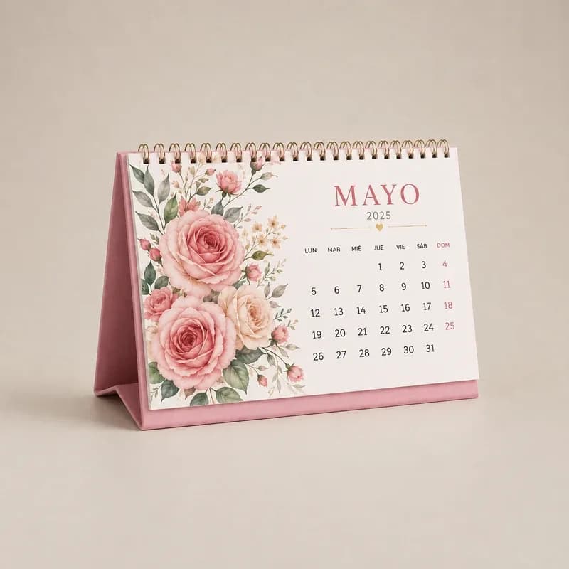 Calendario de escritorio personalizado con base tapa dura y diseño floral acuarela, doble anillo dorado, fondo neutro.