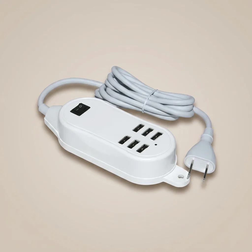 Cargador multitoma 6 puertos USB 30W personalizado con logo corporativo sobre fondo blanco de estudio