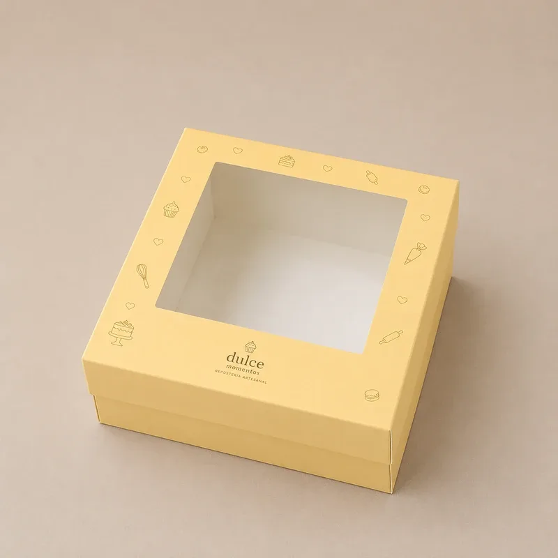 Caja para torta personalizada con ventanilla y diseño resistente para presentación y transporte.