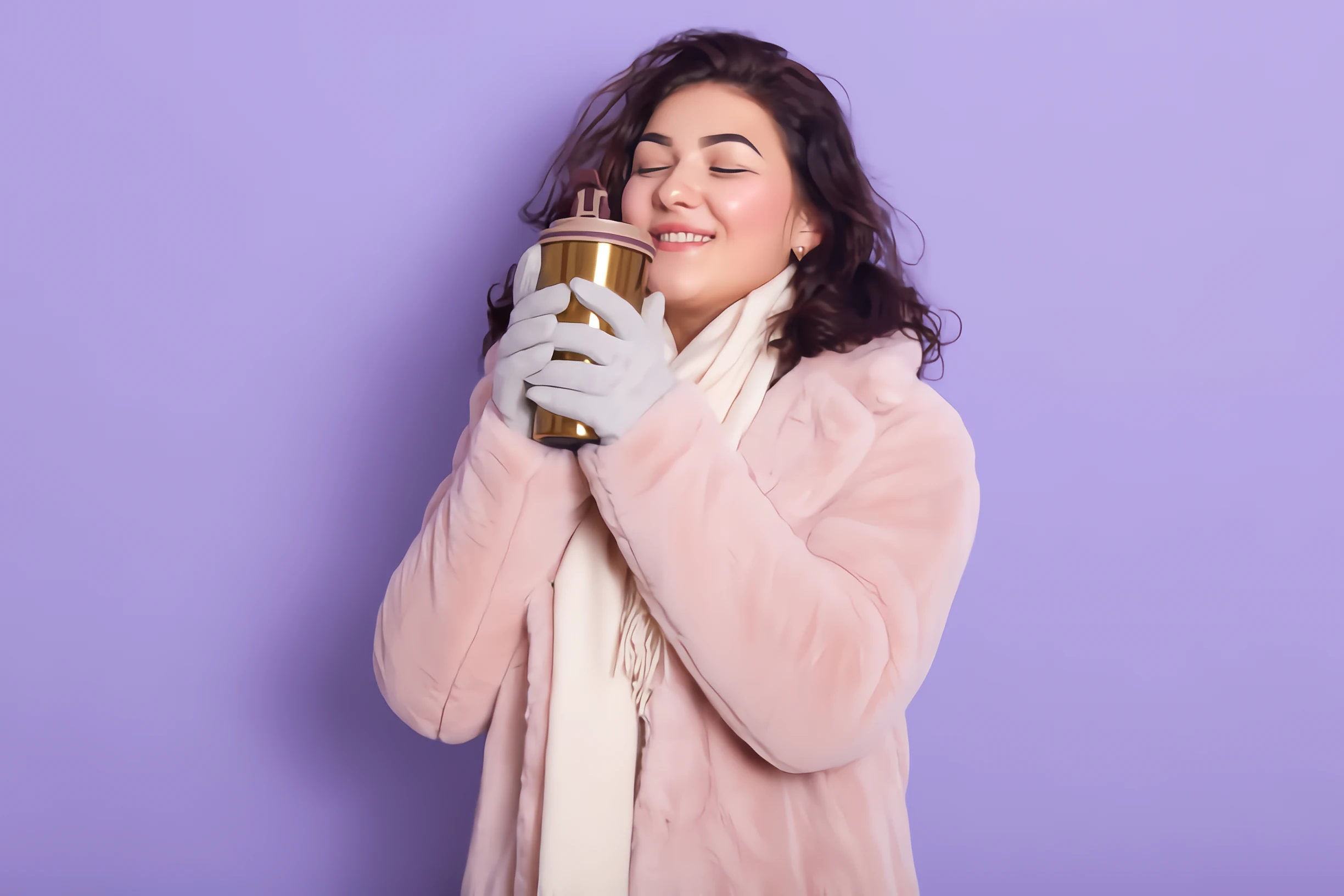 Mujer con un termo oro rosa